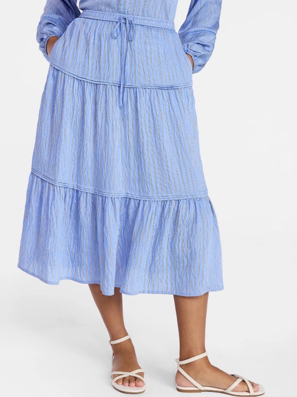 (281)Light Blue Tiered Midi Dress with Drawstring Waist